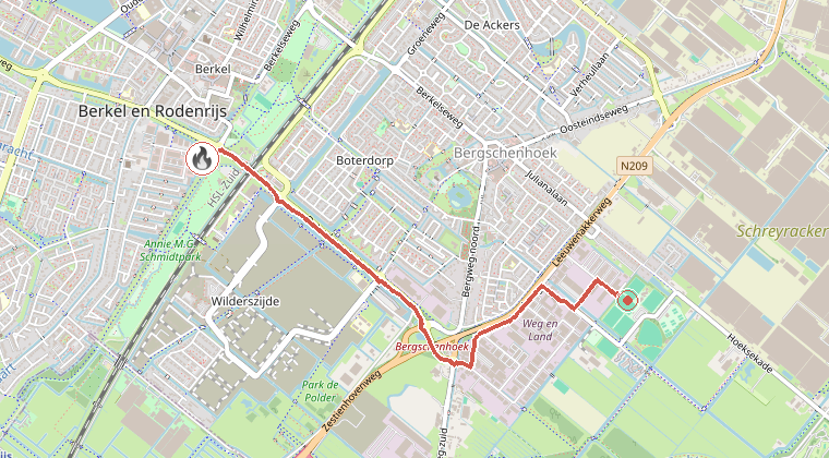 Kaart van de omgeving van de melding, met de kazerne die is gealarmeerd