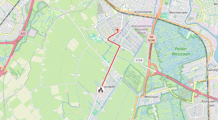 Kaart van de omgeving van de melding, met de kazerne die is gealarmeerd
