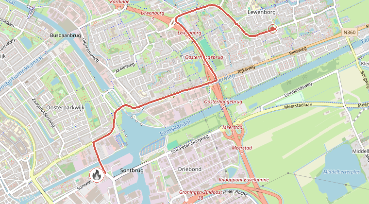 Kaart van de omgeving van de melding, met de kazerne die is gealarmeerd