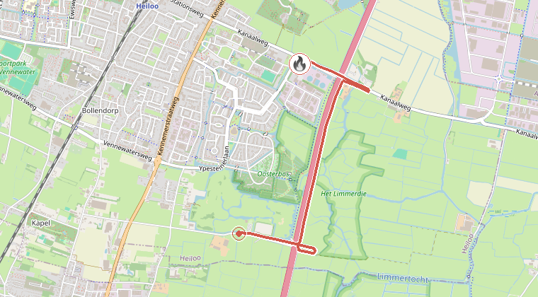 Kaart van de omgeving van de melding, met de kazerne die is gealarmeerd