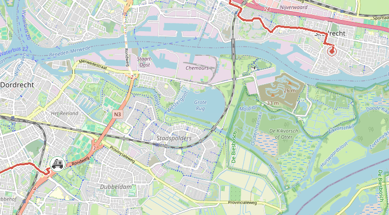 Kaart van de omgeving van de melding, met de kazerne die is gealarmeerd