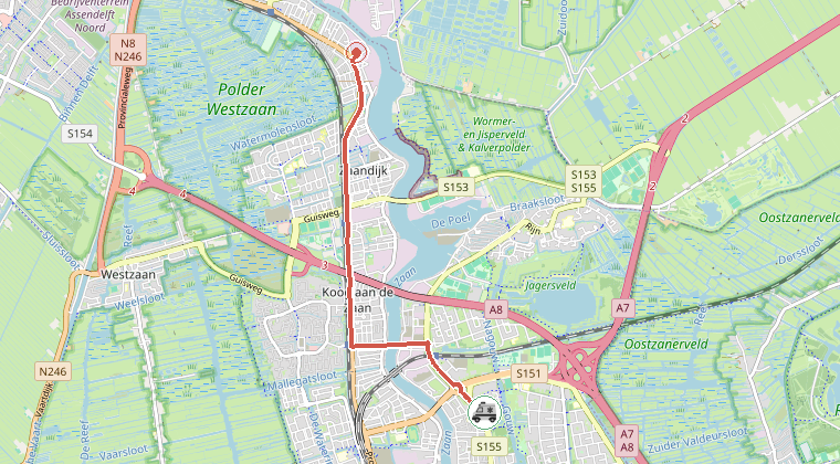 Kaart van de omgeving van de melding, met de kazerne die is gealarmeerd