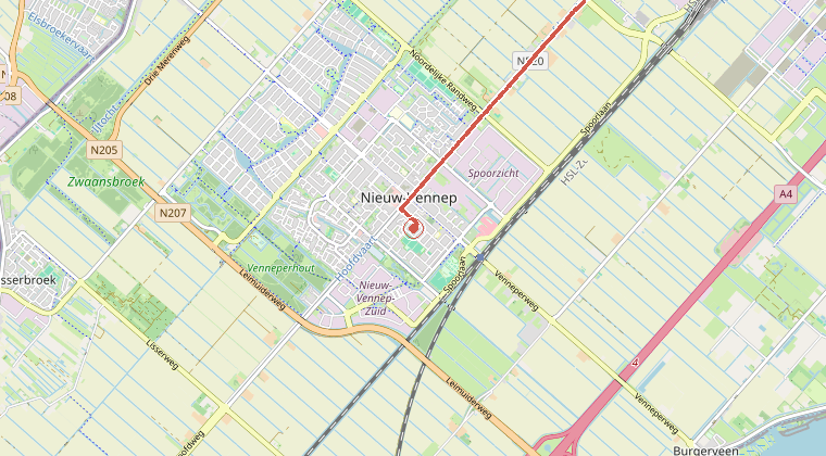 Kaart van de omgeving van de melding, met de kazerne die is gealarmeerd