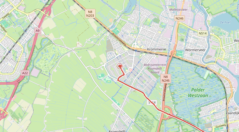 Kaart van de omgeving van de melding, met de kazerne die is gealarmeerd