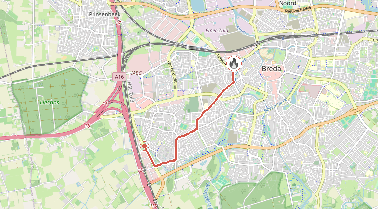 Kaart van de omgeving van de melding, met de kazerne die is gealarmeerd