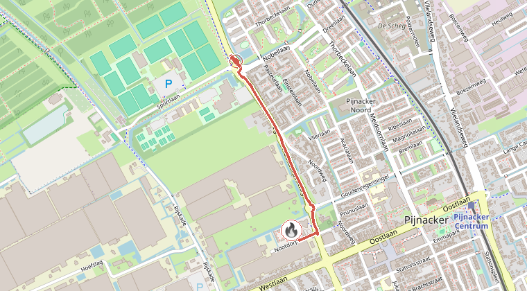 Kaart van de omgeving van de melding, met de kazerne die is gealarmeerd