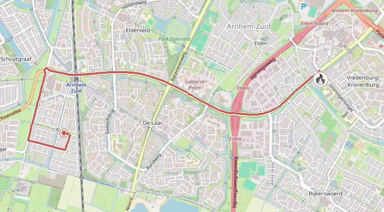 Kaart van de omgeving van de melding, met de kazerne die is gealarmeerd