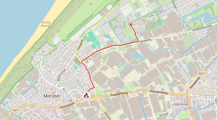 Kaart van de omgeving van de melding, met de kazerne die is gealarmeerd