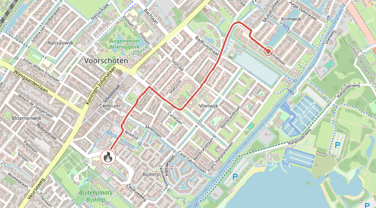 Kaart van de omgeving van de melding, met de kazerne die is gealarmeerd
