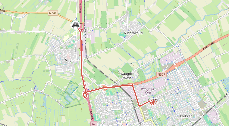 Kaart van de omgeving van de melding, met de kazerne die is gealarmeerd