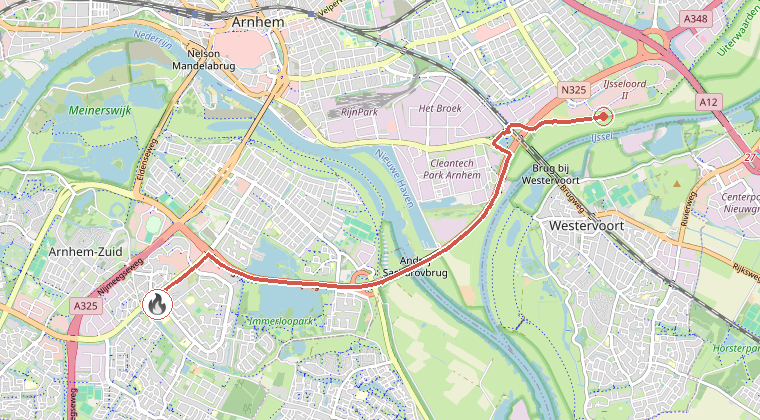 Kaart van de omgeving van de melding, met de kazerne die is gealarmeerd