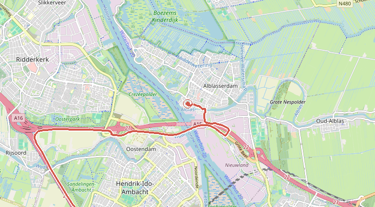 Kaart van de omgeving van de melding, met de kazerne die is gealarmeerd