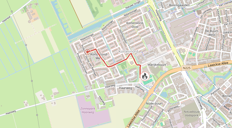 Kaart van de omgeving van de melding, met de kazerne die is gealarmeerd