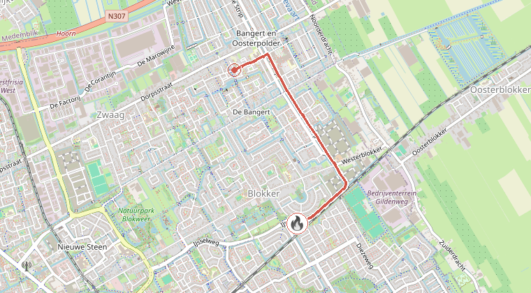 Kaart van de omgeving van de melding, met de kazerne die is gealarmeerd