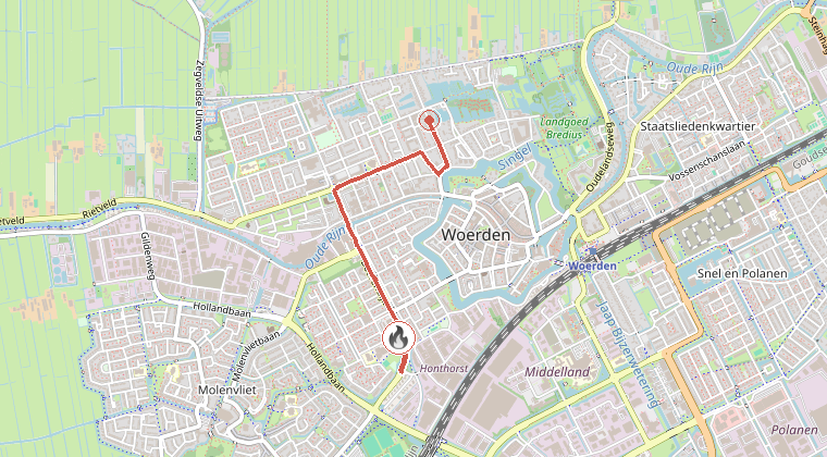 Kaart van de omgeving van de melding, met de kazerne die is gealarmeerd
