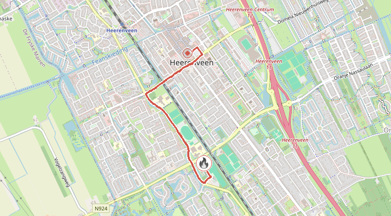 Kaart van de omgeving van de melding, met de kazerne die is gealarmeerd