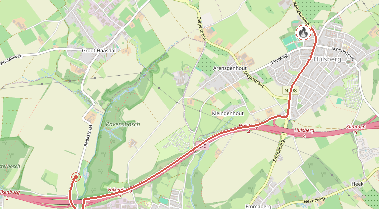 Kaart van de omgeving van de melding, met de kazerne die is gealarmeerd