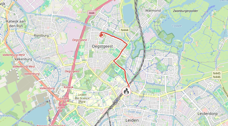 Kaart van de omgeving van de melding, met de kazerne die is gealarmeerd