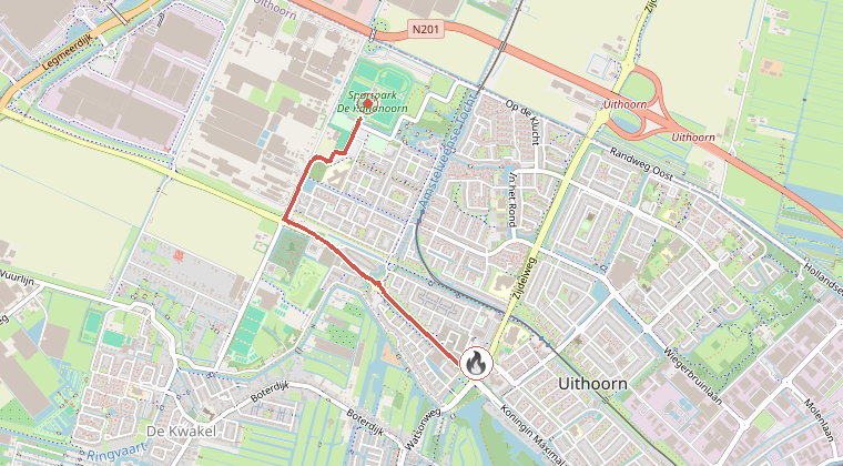 Kaart van de omgeving van de melding, met de kazerne die is gealarmeerd