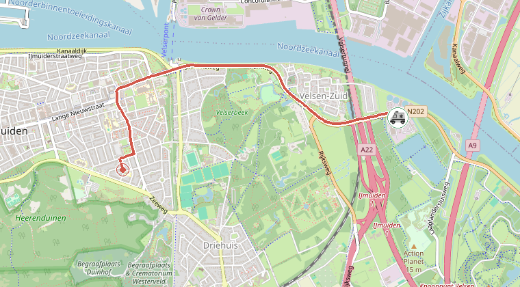 Kaart van de omgeving van de melding, met de kazerne die is gealarmeerd