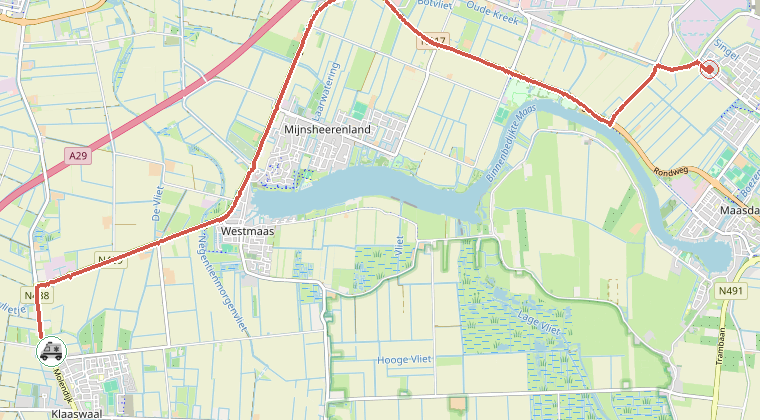 Kaart van de omgeving van de melding, met de kazerne die is gealarmeerd