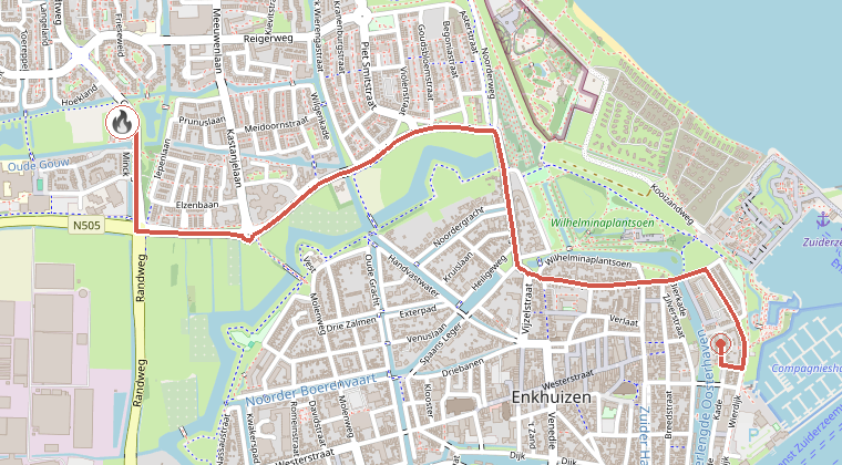 Kaart van de omgeving van de melding, met de kazerne die is gealarmeerd