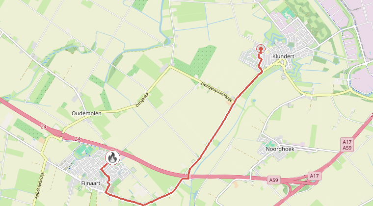 Kaart van de omgeving van de melding, met de kazerne die is gealarmeerd