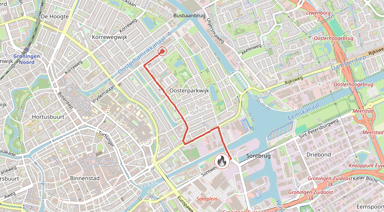 Kaart van de omgeving van de melding, met de kazerne die is gealarmeerd