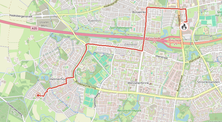 Kaart van de omgeving van de melding, met de kazerne die is gealarmeerd