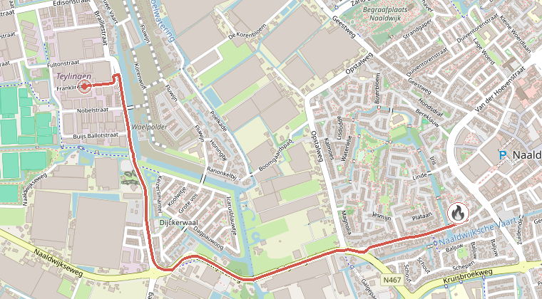 Kaart van de omgeving van de melding, met de kazerne die is gealarmeerd