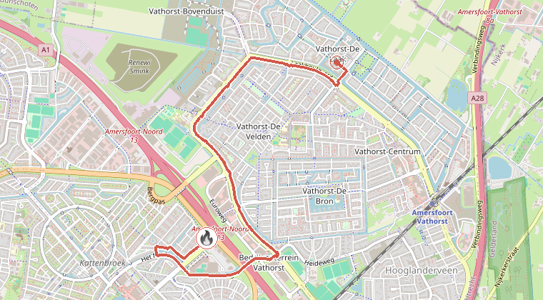 Kaart van de omgeving van de melding, met de kazerne die is gealarmeerd