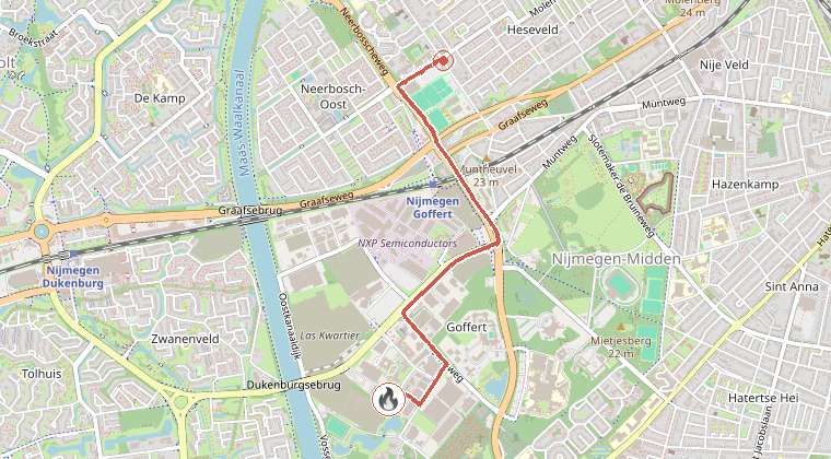 Kaart van de omgeving van de melding, met de kazerne die is gealarmeerd