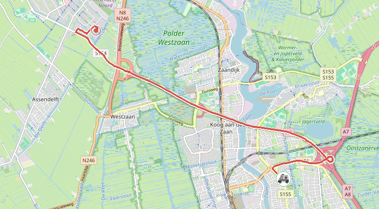 Kaart van de omgeving van de melding, met de kazerne die is gealarmeerd