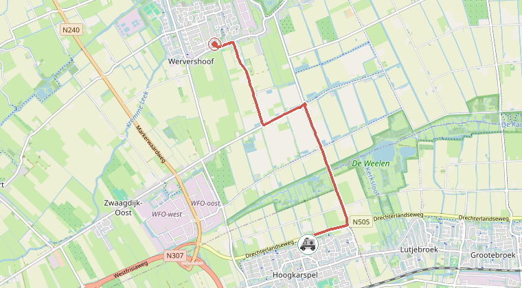 Kaart van de omgeving van de melding, met de kazerne die is gealarmeerd