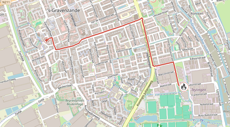 Kaart van de omgeving van de melding, met de kazerne die is gealarmeerd