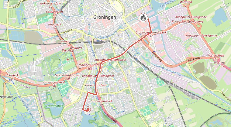 Kaart van de omgeving van de melding, met de kazerne die is gealarmeerd