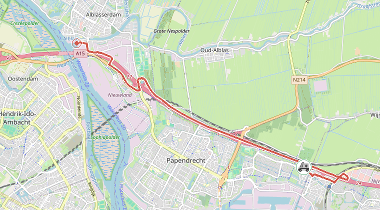 Kaart van de omgeving van de melding, met de kazerne die is gealarmeerd
