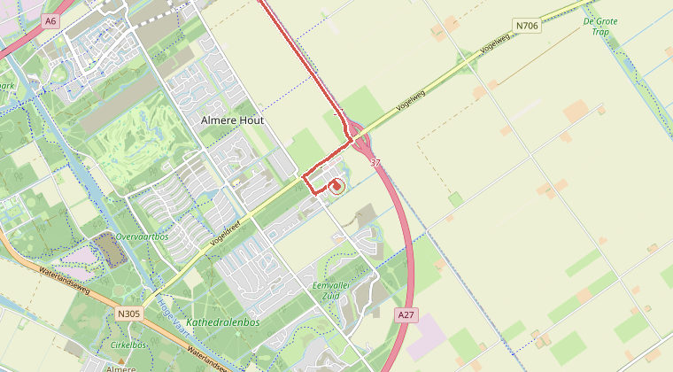 Kaart van de omgeving van de melding, met de kazerne die is gealarmeerd