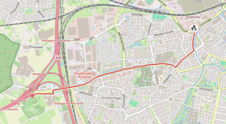 Kaart van de omgeving van de melding, met de kazerne die is gealarmeerd