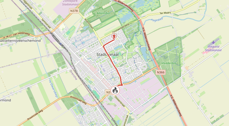 Kaart van de omgeving van de melding, met de kazerne die is gealarmeerd