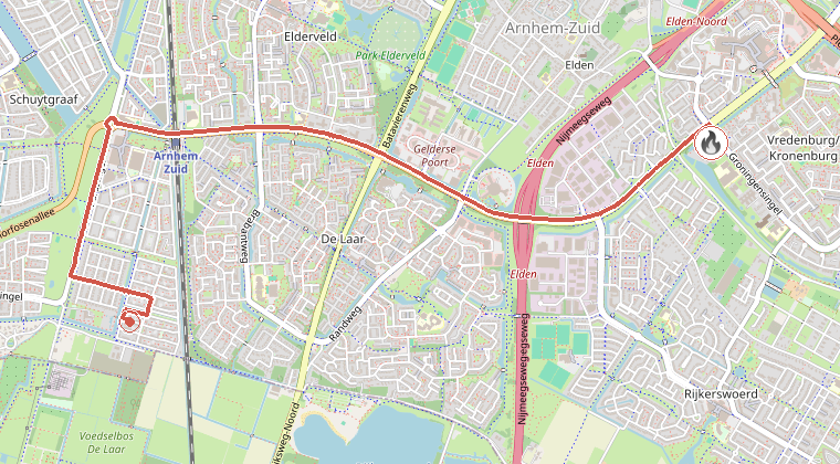 Kaart van de omgeving van de melding, met de kazerne die is gealarmeerd