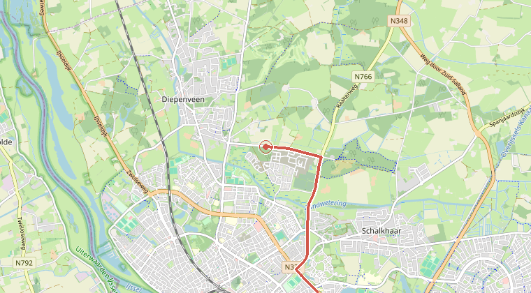 Kaart van de omgeving van de melding, met de kazerne die is gealarmeerd