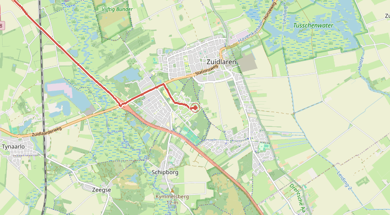 Kaart van de omgeving van de melding, met de kazerne die is gealarmeerd