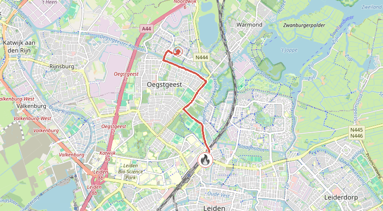 Kaart van de omgeving van de melding, met de kazerne die is gealarmeerd