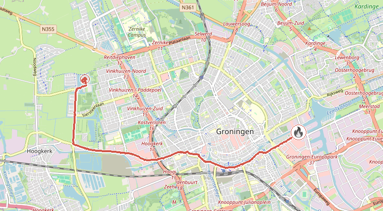 Kaart van de omgeving van de melding, met de kazerne die is gealarmeerd