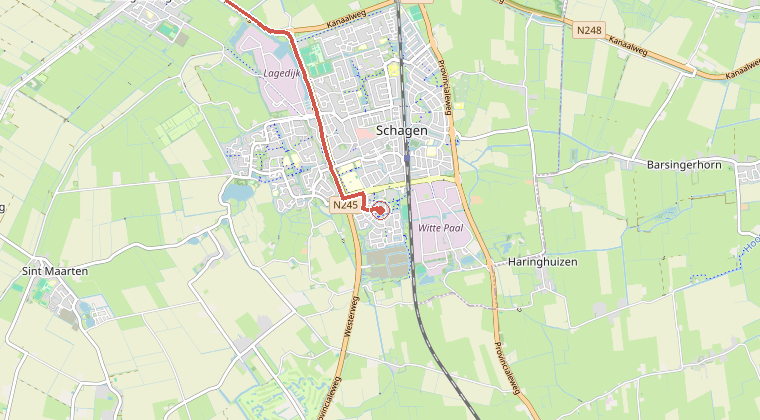 Kaart van de omgeving van de melding, met de kazerne die is gealarmeerd