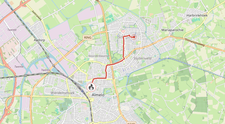 Kaart van de omgeving van de melding, met de kazerne die is gealarmeerd