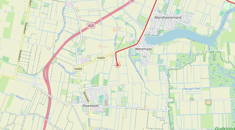 Kaart van de omgeving van de melding, met de kazerne die is gealarmeerd