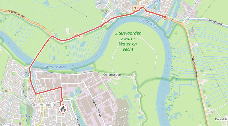 Kaart van de omgeving van de melding, met de kazerne die is gealarmeerd