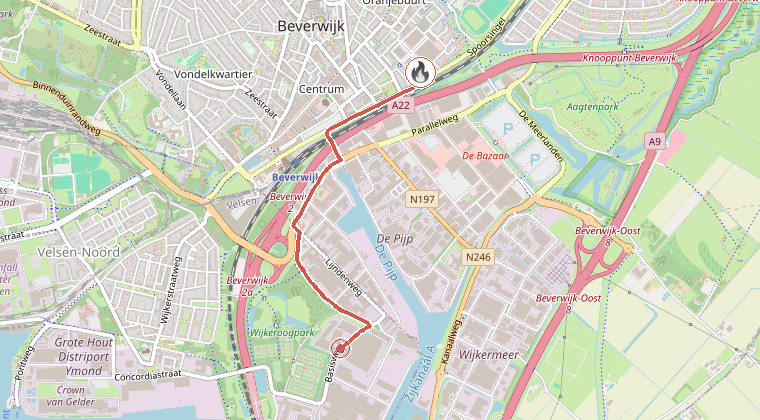 Kaart van de omgeving van de melding, met de kazerne die is gealarmeerd